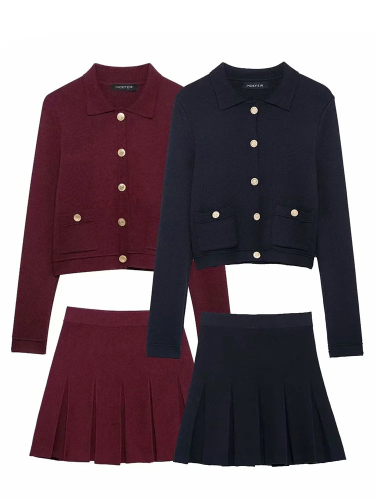 Strick Zweiteiler Damen – Eleganter Cardigan mit Knöpfen & Minirock